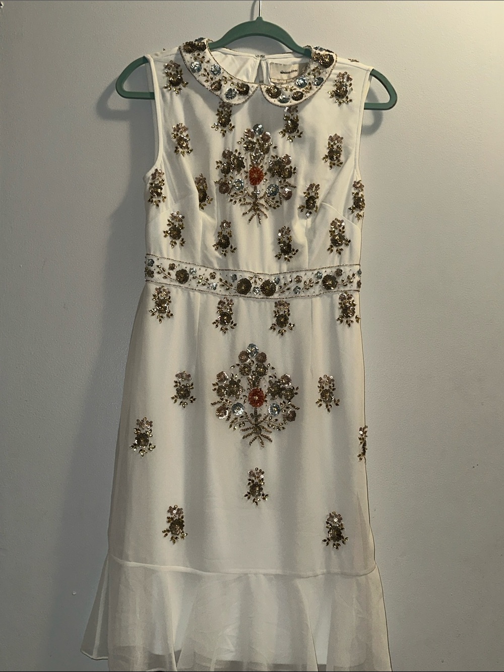 BHLDN Ivory Beaded Sleeveless Midi Dress with Peter Pan Collar - Picture 3 of 9